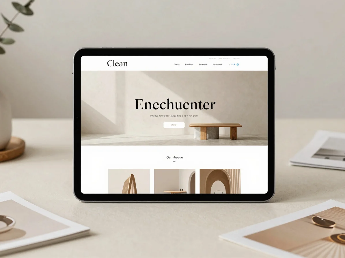 Clean, modern website design on a tablet, showing generous whites