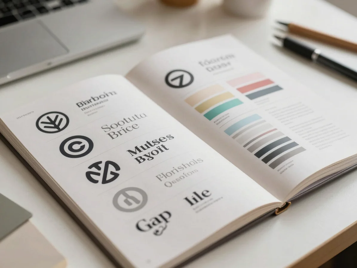 Close-up of a brand identity guide open on a desk, showing logo v