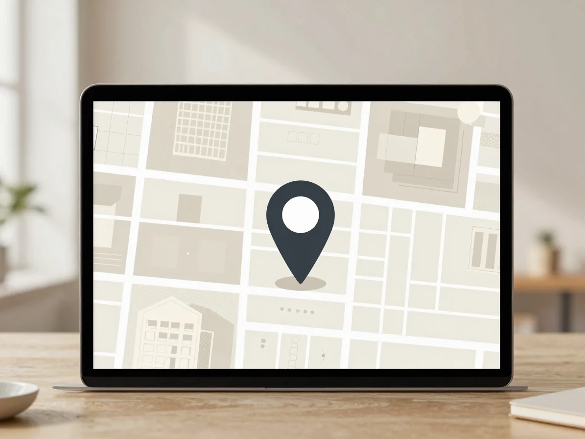 Stylized map interface on a screen, showing a business location p