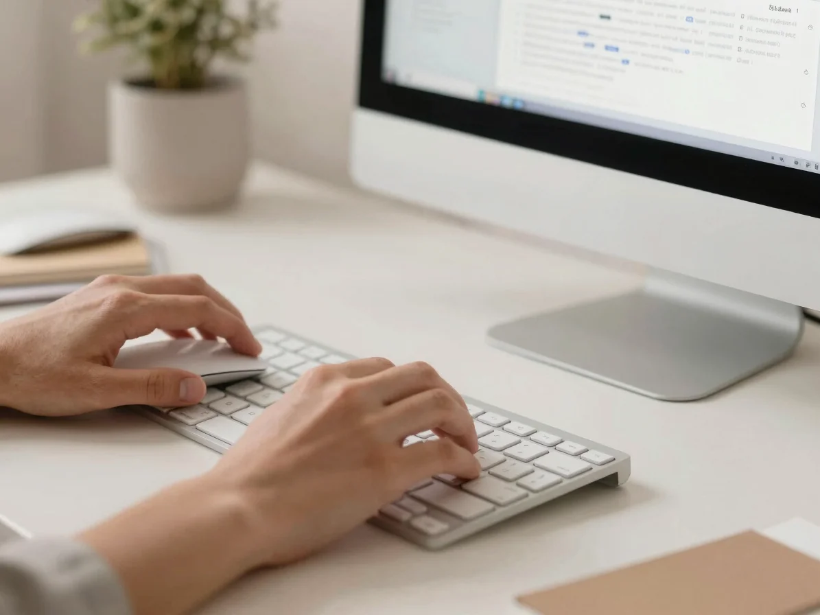 Close-up of hands working on a keyboard and mouse, with a clean d