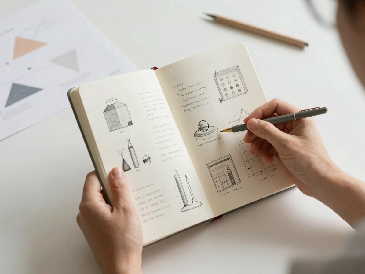 Hands holding a notebook with design sketches and notes, symboliz