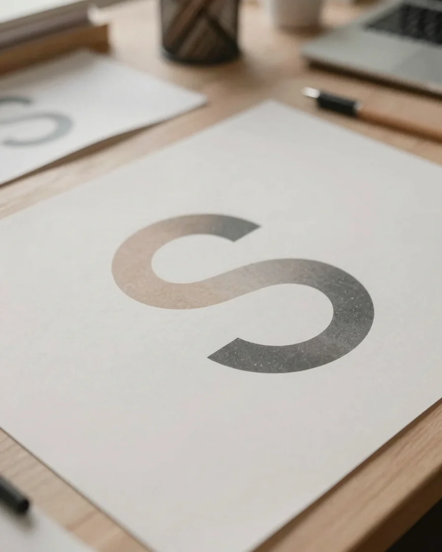 Creative studio workspace, abstract S symbol graphic on architect