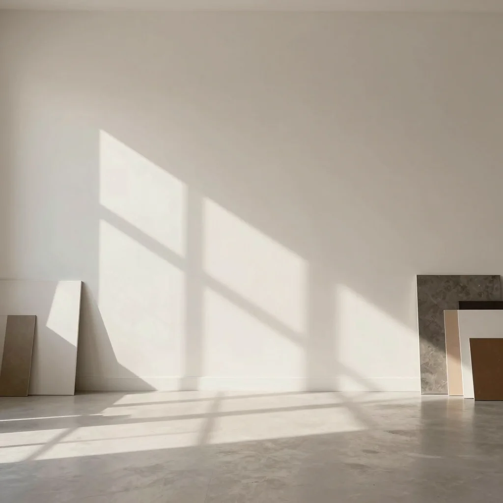 Architectural detail of a clean, modern studio space with soft na