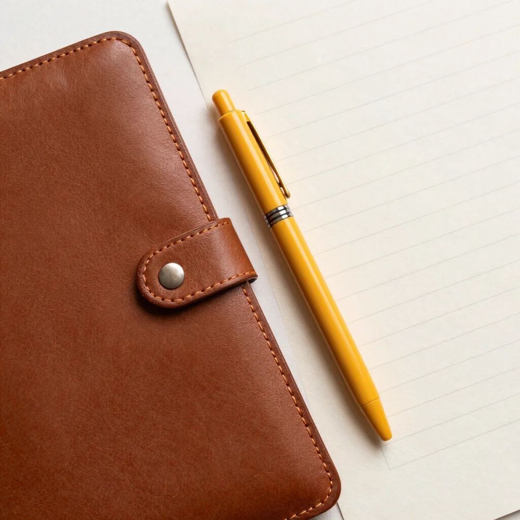 Overhead shot of design materials: a dark warm brown leather note