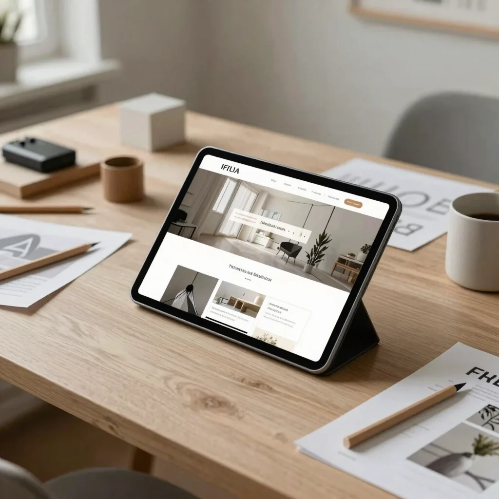 A meticulously arranged desk with design tools, architectural ele